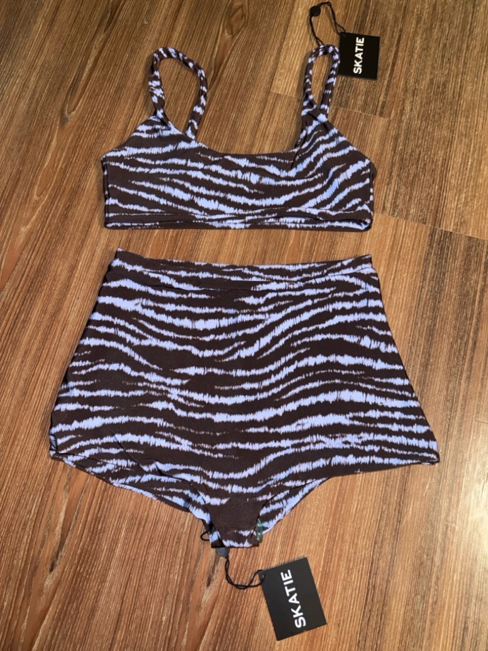 Skatie Brown & Light Blue Zebra-Print High-Waisted Bikini Set